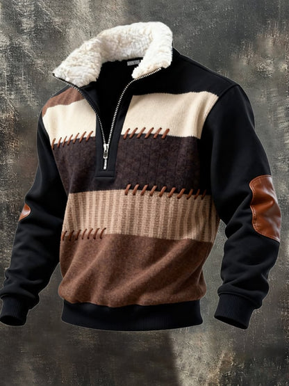 Men's Retro Color Block Print Casual Fur Collar Sweatshirt