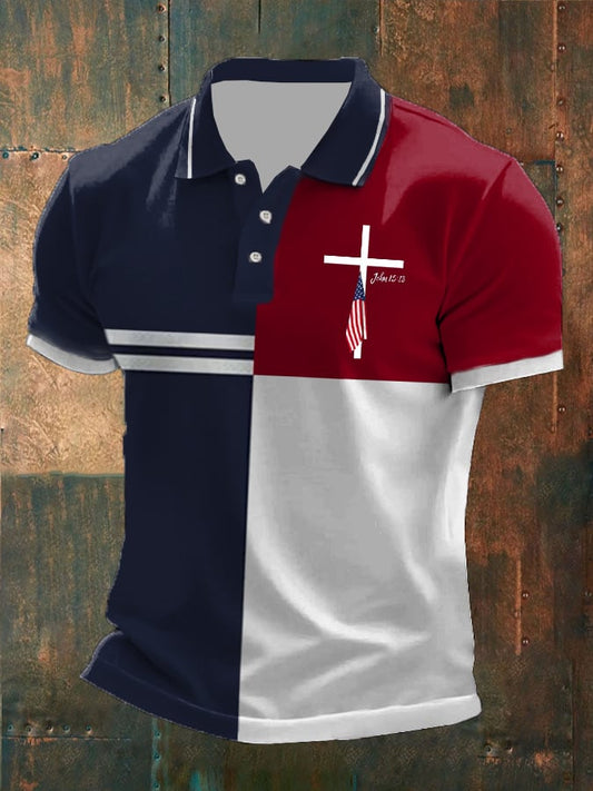 Men's Cross Flag Printed Casual Polo Shirt