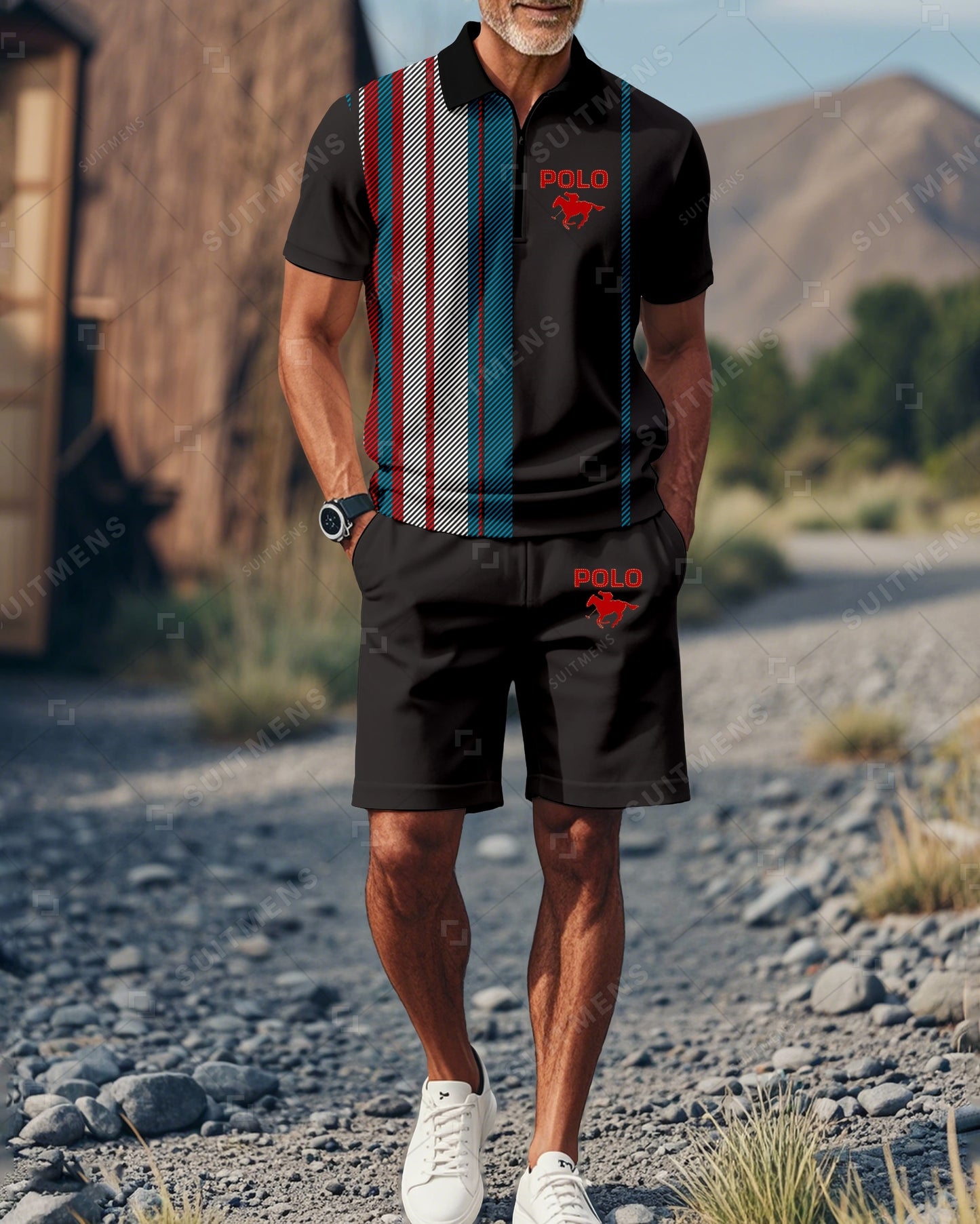 Men's Color Blocked Summer Polo Shorts Set 02