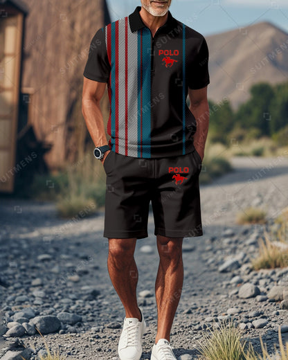 Men's Color Blocked Summer Polo Shorts Set 02