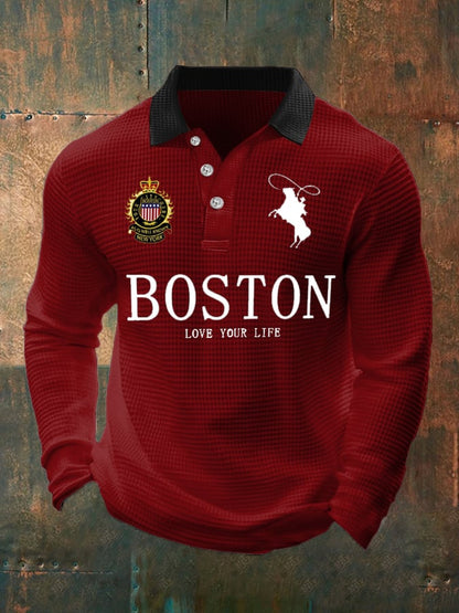 Men's Retro Business Casual Waffle Fabric Long Sleeve Polo Shirt