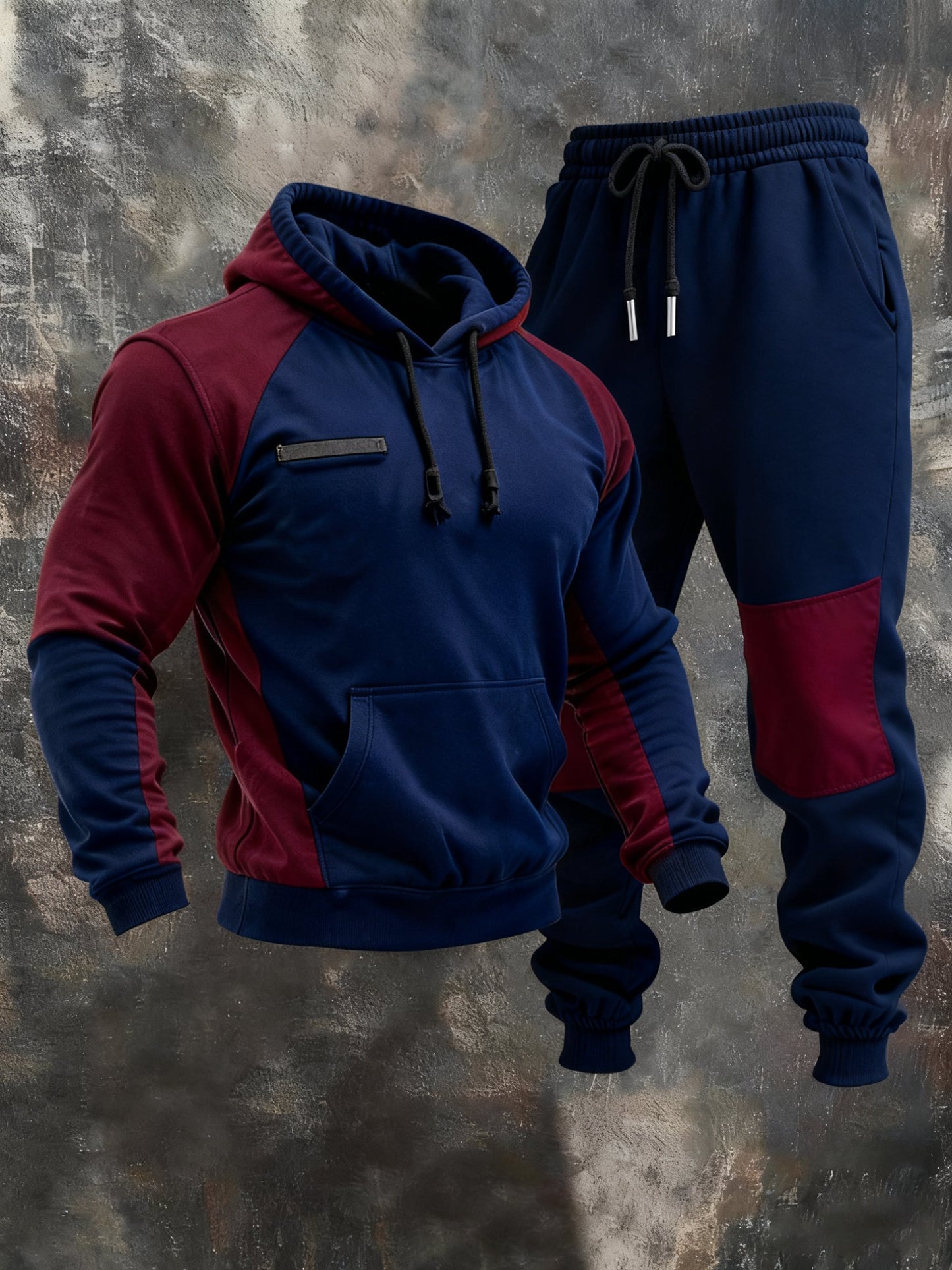 Men's Retro Stitching Contrast Color Hooded Casual Sweatshirt Suit