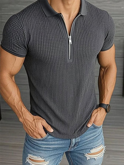 Men'S Casual Solid Color Waffle Zipper Short-Sleeved Polo Shirt