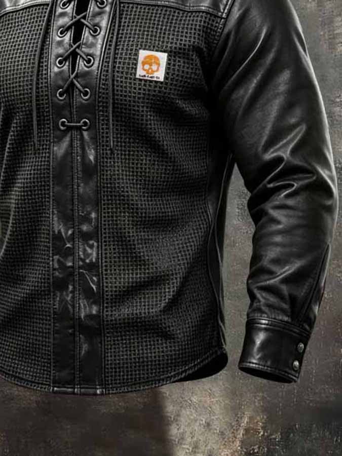 Men'S Retro Waffle-Knit And Leather Panel Stand-Collar Shirt