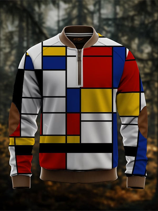 Men's Retro Mondrian Color Block Print Zip Collar Sweatshirt