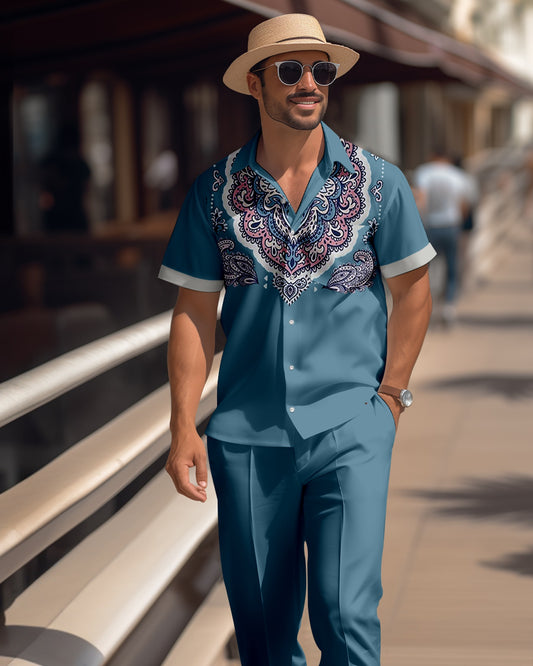 Men's retro colorblock short-sleeved shirt walking Suit 1669