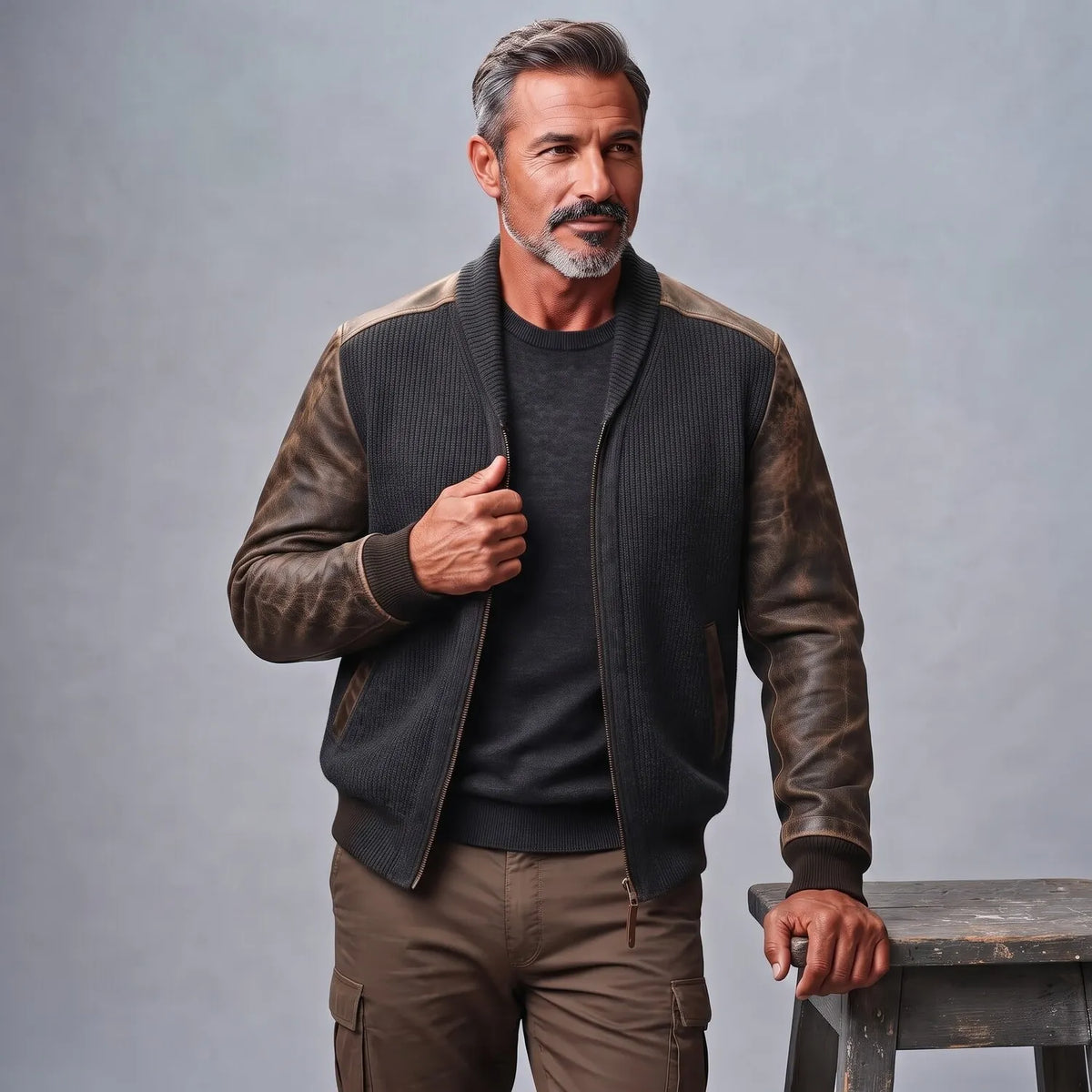 Men's Charcoal Ribbed Knit Shawl Lapel PU Leather Patchwork Long Sleeve Zipper Cardigan