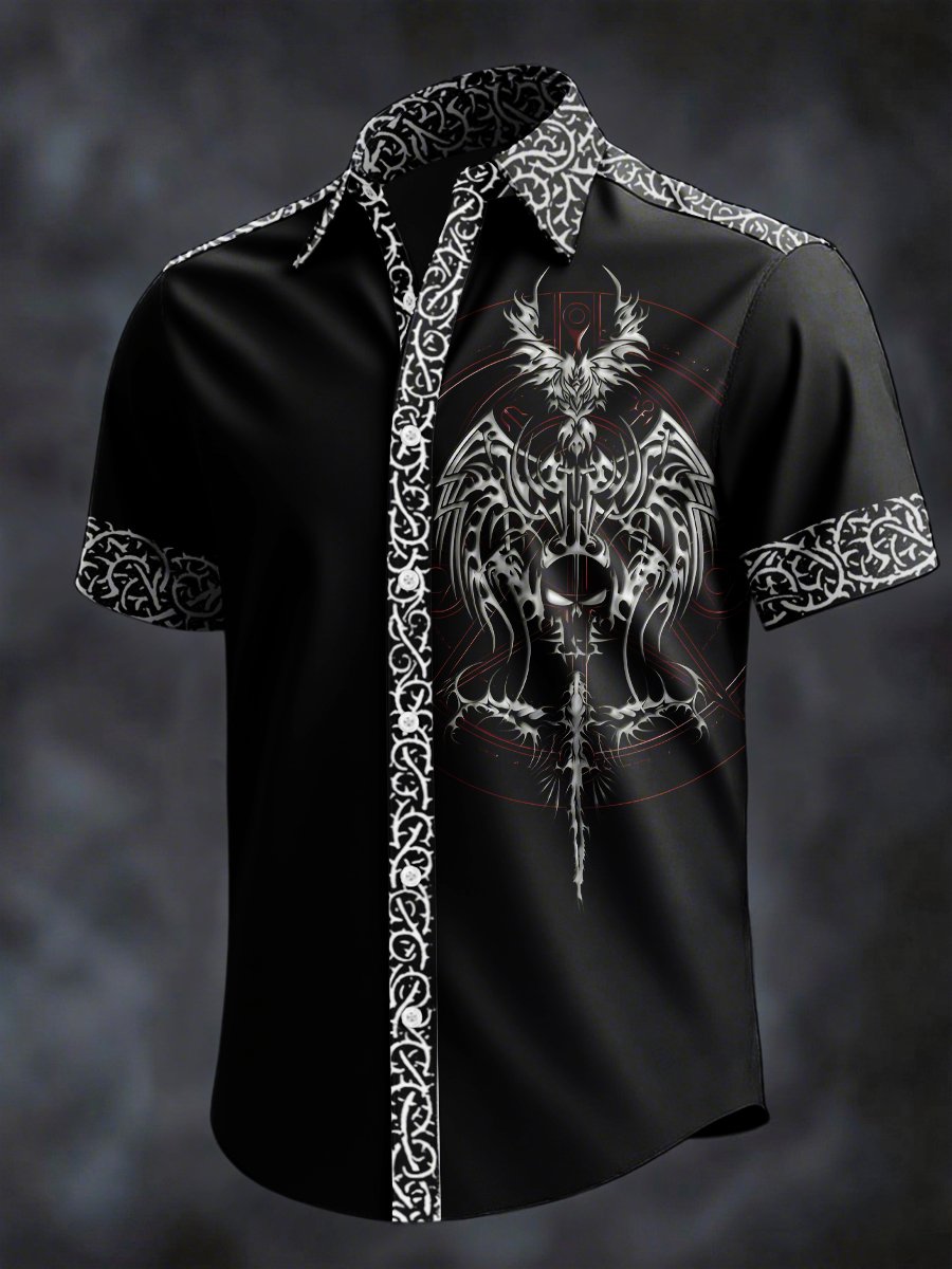 Men's Retro Horror Skull Print Lapel Short Sleeve Shirt