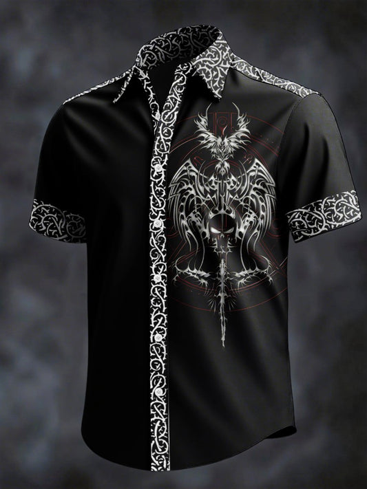 Men's Retro Horror Skull Print Lapel Short Sleeve Shirt