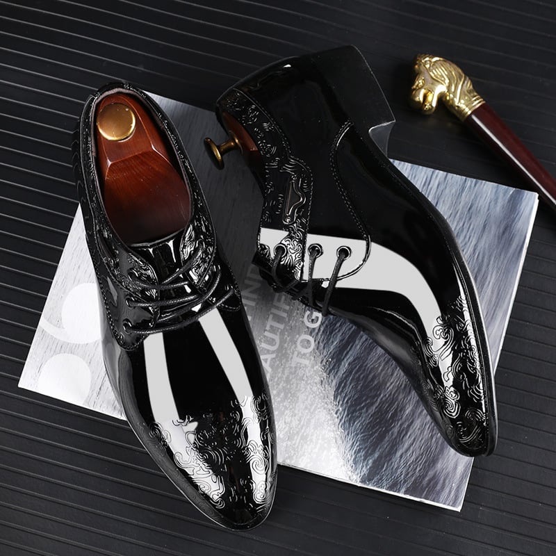 Men's Business Formal Casual Pointed Toe Carved Slip-on Patant Faux Leather Shoes