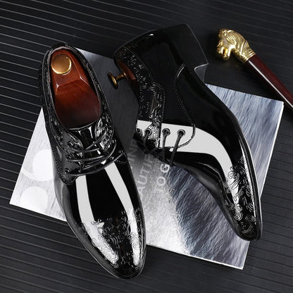 Men's Business Formal Casual Pointed Toe Carved Slip-on Patant Faux Leather Shoes