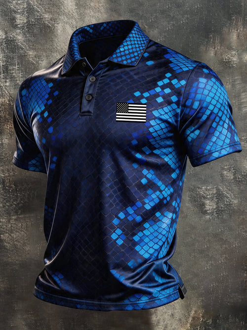 Men's Retro Patriotic Color-Block Short-Sleeve Polo Shirt
