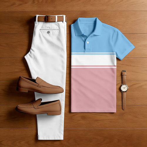 Men's Casual Blue & Pink Geometry Printed Polo Shirt And Pants Two-Piece Set