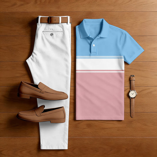 Men's Casual Blue & Pink Geometry Printed Polo Shirt And Pants Two-Piece Set