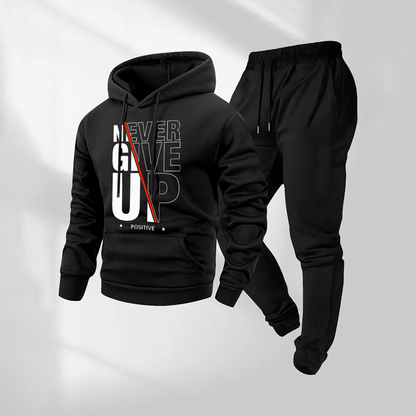 Men's Never Give Up Letter Pattern Print Hoodie and Drawstring Sweatpants Set, Menswear, Casual Athletic Long Sleeve Hooded Jacket & Trousers for Fall & Winter, Men's Clothing for Daily Wear, Sportswear Indoor Outdoor, Tracksuit, Athleisure