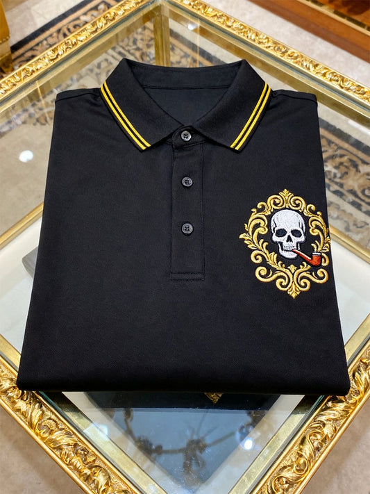 Men's Vintage Business Skull Long Sleeve Polo Shirt