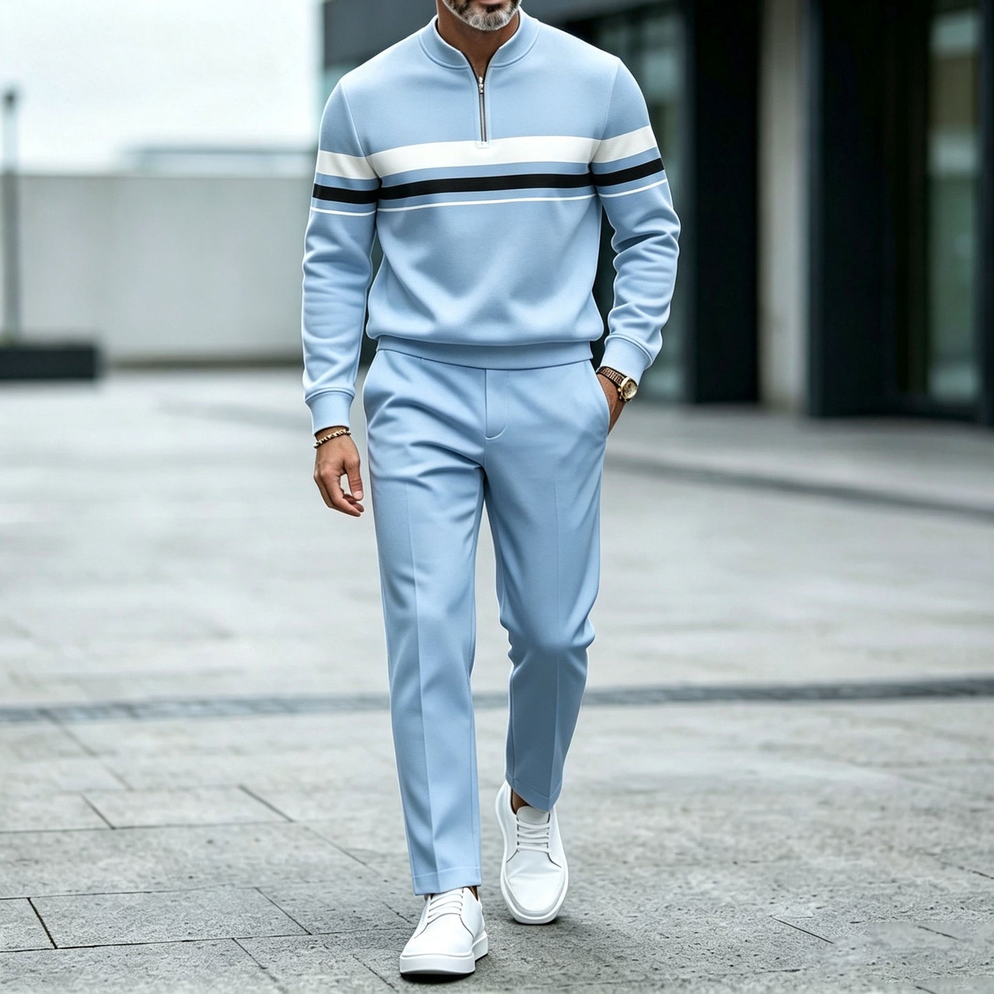 Men's Striped Crew-Neck Zipper Long-Sleeve Top and Pants Set