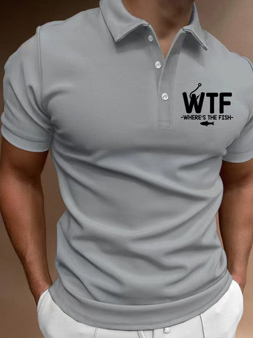 Men's WTF - Where's The Fish Print Contrast Casual Polo Shirt