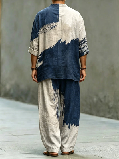 Men's Fashionable Abstract Art Print Cotton Shirt Set