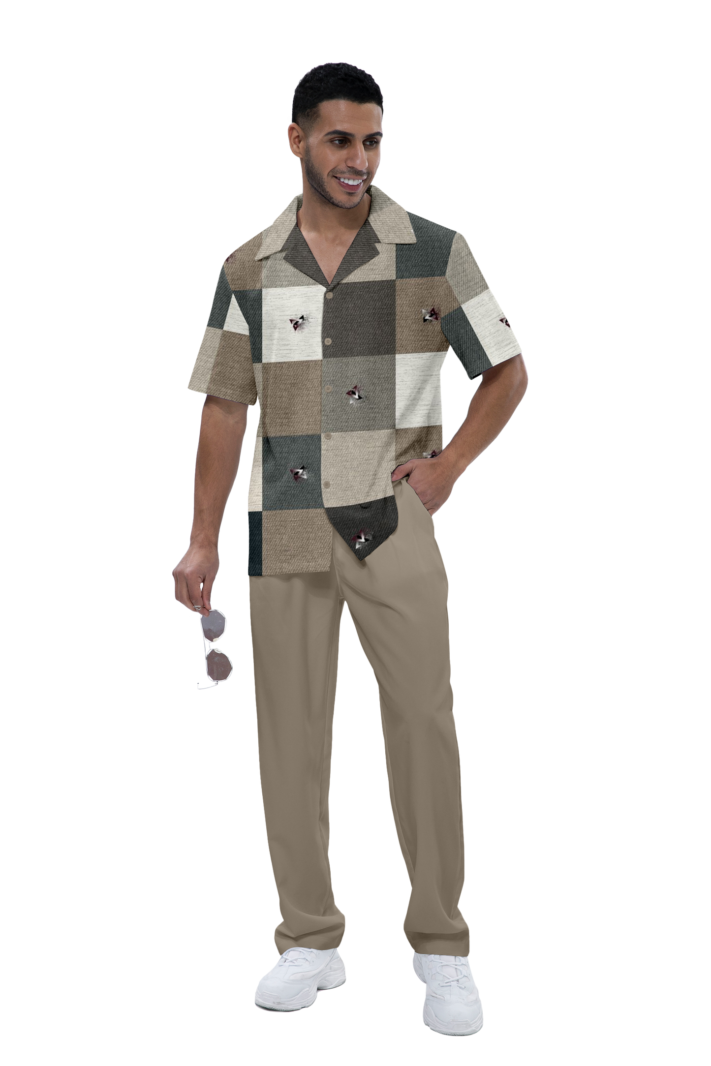 Men's plaid printed short-sleeved shirt walking suit 881