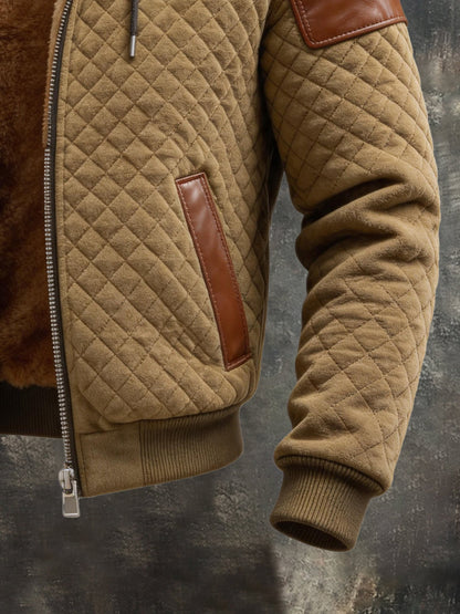 Men's Vintage Faux Leather-Paneled Fleece-Lined Hooded Jacket