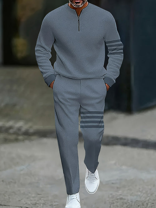 Men's Casual Gray Blue Color Matching Striped Printed Round-Neck Zipper Long Sleeved Trousers Two-Piece Set