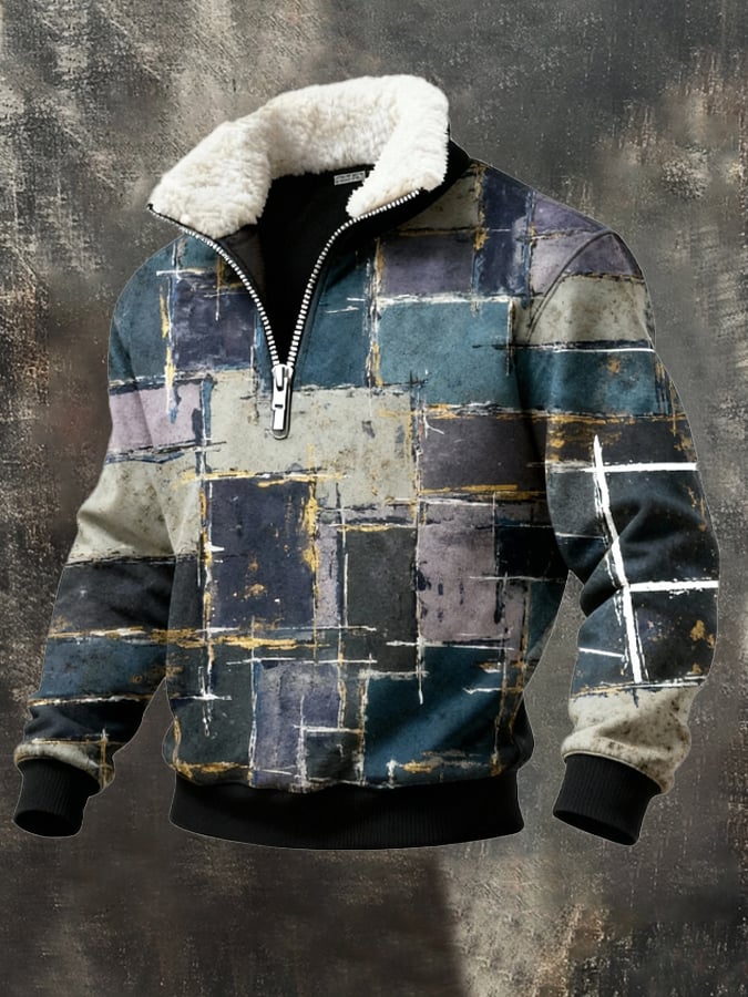 Men's Retro Color Block Print Casual Fur Collar Sweatshirt
