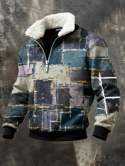Men's Retro Color Block Print Casual Fur Collar Sweatshirt