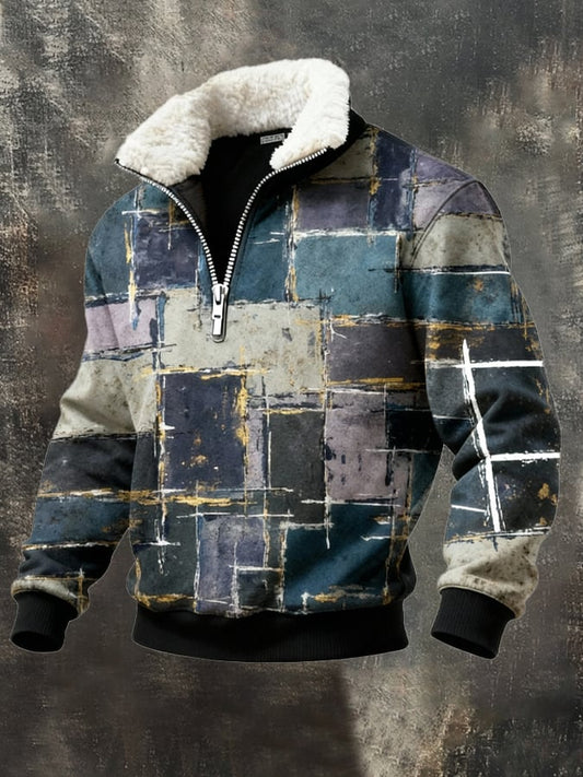 Men's Retro Color Block Print Casual Fur Collar Sweatshirt