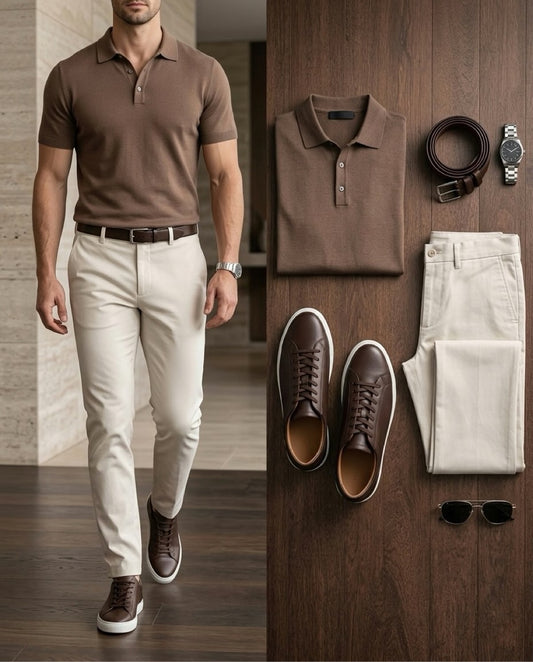 Men's Casual Brown Color Short Sleeves Polo Shirt & Jeans Pants Two Piece Set
