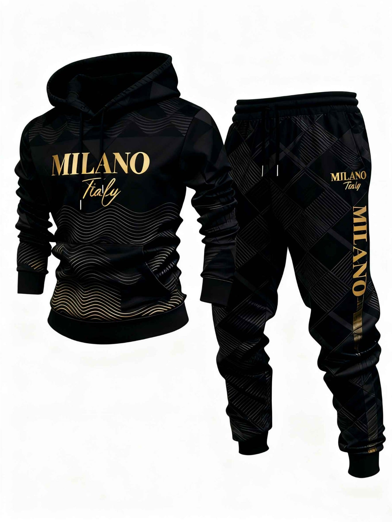 Men's Casual Black Color Gradient Matching Printed Hoodies Long Sleeved Sweatshirts & Sweatpants Two-Piece Set