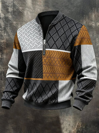 Men'S Casual Retro Contrast Color Half Zip Stand Collar Long Sleeve Sweatshirt