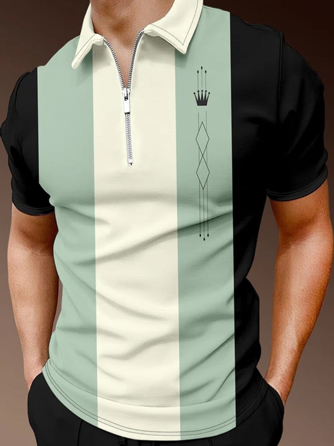 Men's Lapel Zipper Short Sleeve Color Matching Casual POLO Shirt