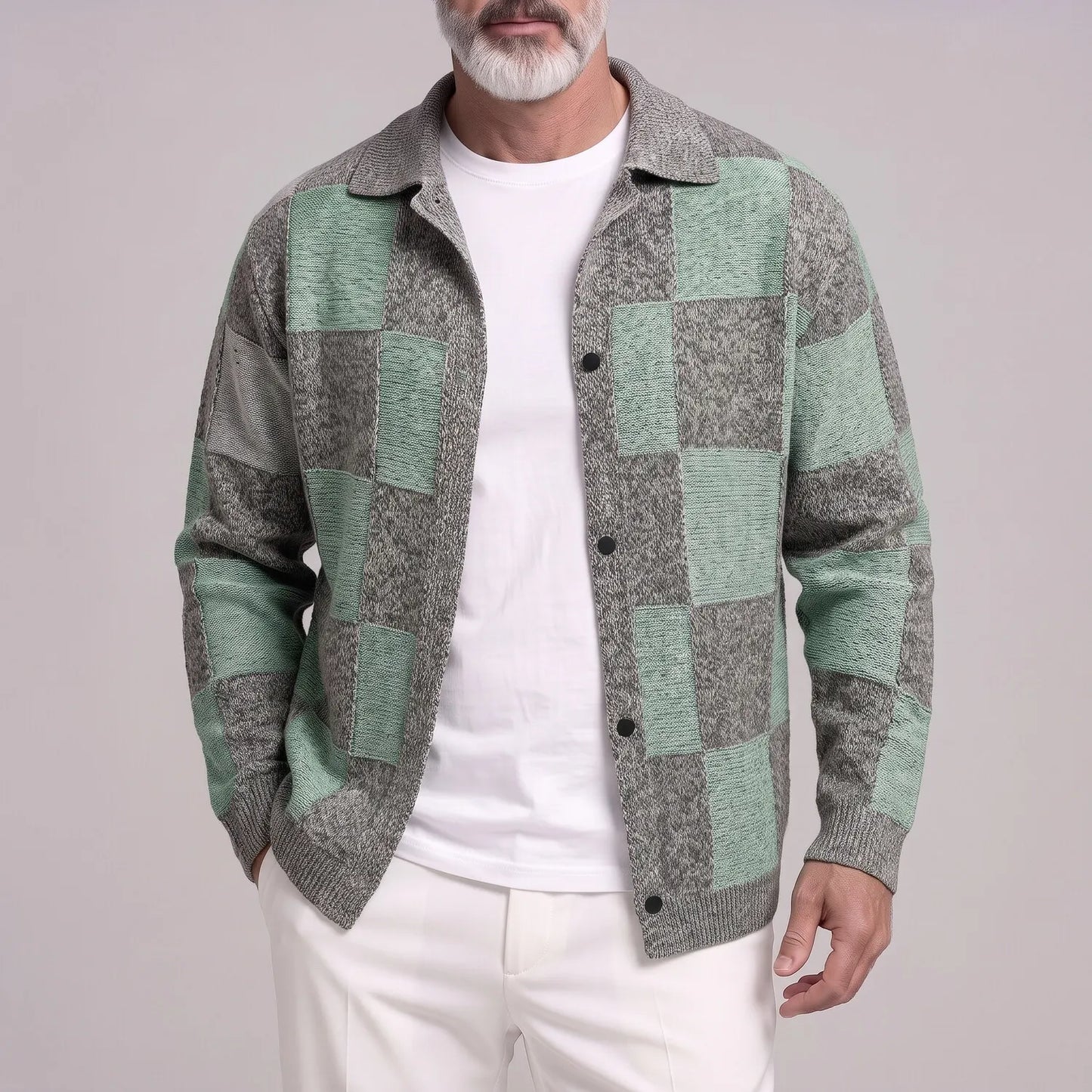 Men's Fashion Plaid Pattern Two-Tone Single Breasted Knitted Cardigan