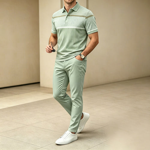 Men's Casual Fruit Green Printed Polo Shirt And Pants Two-Piece Set