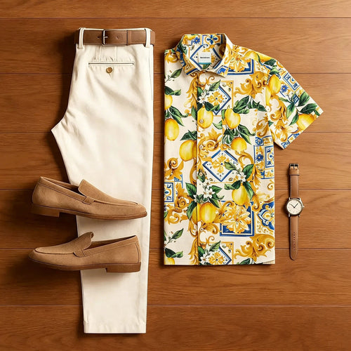 Men's Retro Style Yellow Lemon Print With Polo Collar Shirt & Pants Two-Piece Set