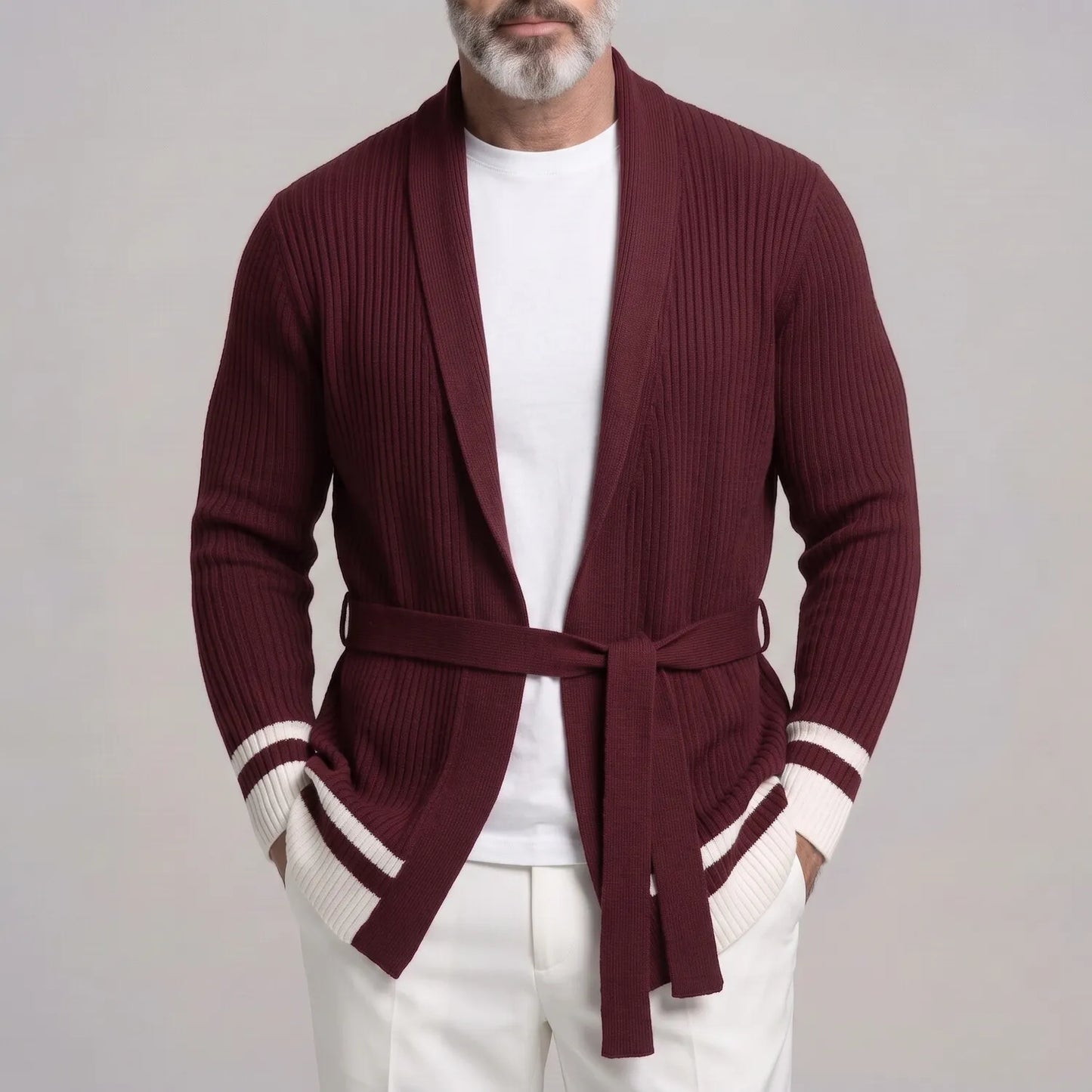Men's Casual Shawl Collar Ribbed Knit Self Tie Belt Contrast Striped Long Sleeve Open Front Cardigan