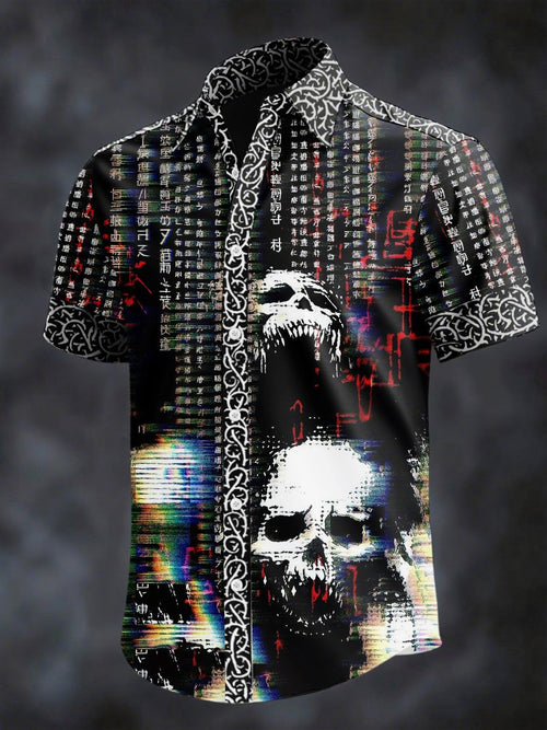 Men's Retro Horror Skull Print Lapel Short Sleeve Shirt
