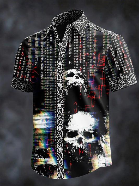 Men's Retro Horror Skull Print Lapel Short Sleeve Shirt