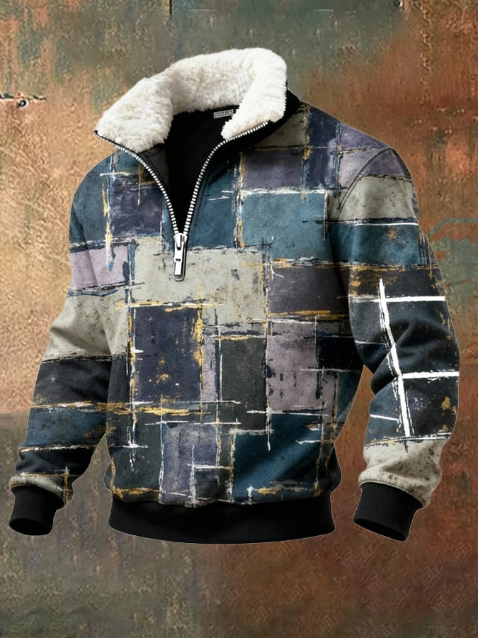 Men's Retro Color Block Print Casual Fur Collar Sweatshirt