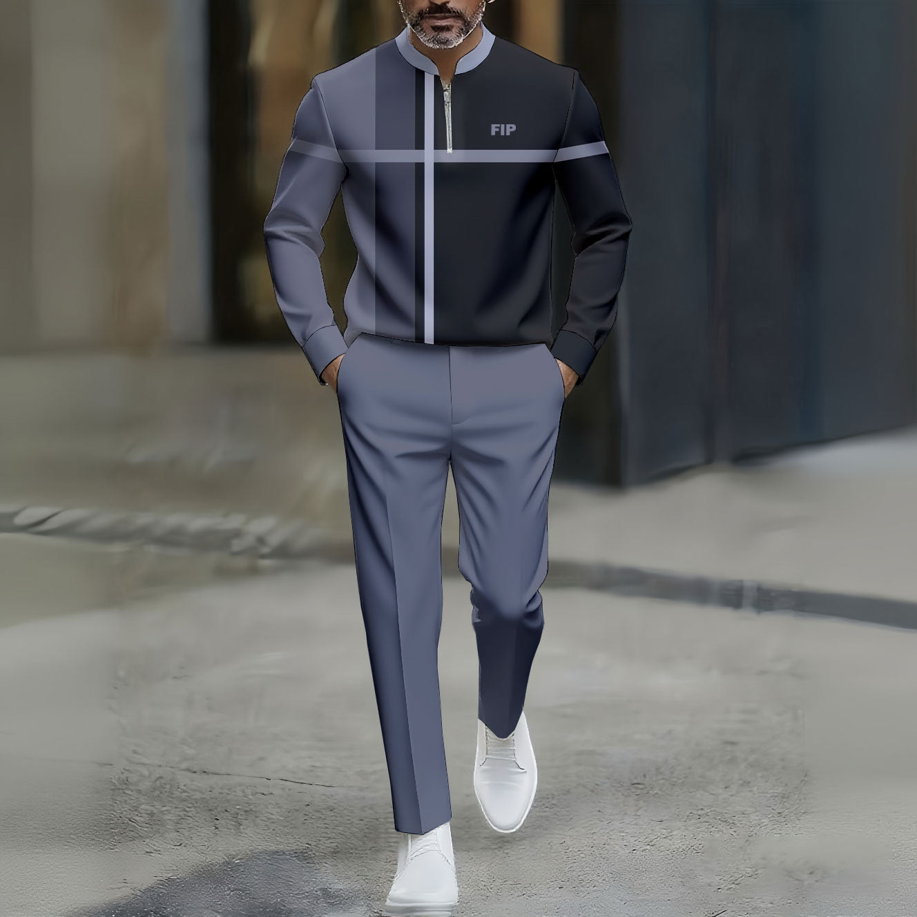 Men's Casual Black & Gray Color Matching Geometric Printed Round-Neck Zipper Long Sleeved Trousers Two-Piece Set