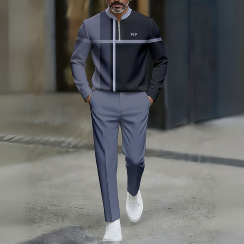 Men's Casual Black & Gray Color Matching Geometric Printed Round-Neck Zipper Long Sleeved Trousers Two-Piece Set