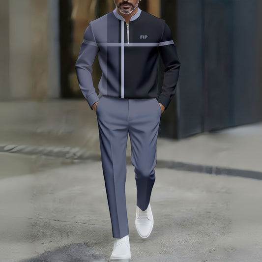 Men's Casual Black & Gray Color Matching Geometric Printed Round-Neck Zipper Long Sleeved Trousers Two-Piece Set