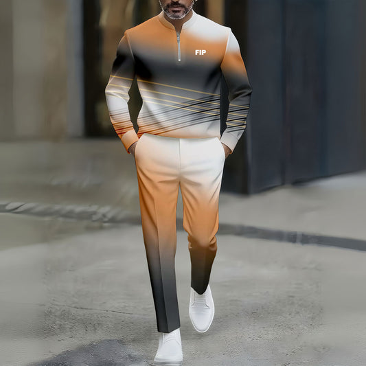 Men's Casual Orange Black And White Gradient Color Matching Printed Round-Neck Zipper Long Sleeved Trousers Two-Piece Set