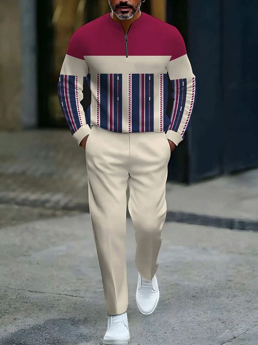 Men's Casual Apricot & Rose Red Color Matching Geometric Printed Round-Neck Zipper Long Sleeved Tops & Trousers Two-Piece Set