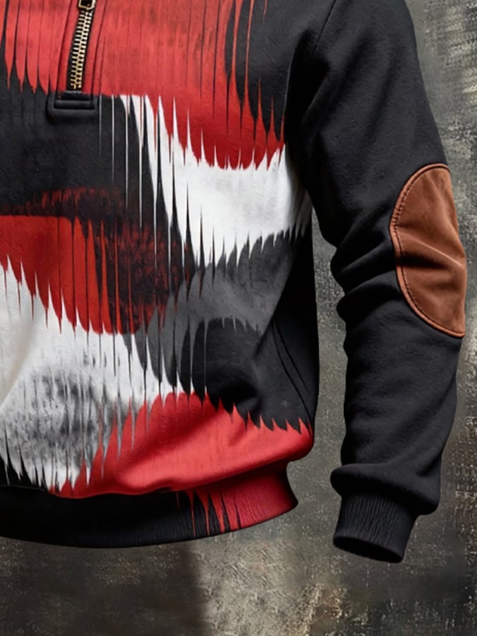 Men's Retro Color Block Print Color-Blocked Zip-Up Sweatshirt