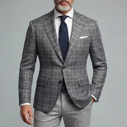 Men's Classic Formal Plaid Notched Lapel Two Button Long Sleeve Blazer
