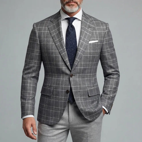 Men's Classic Formal Plaid Notched Lapel Two Button Long Sleeve Blazer