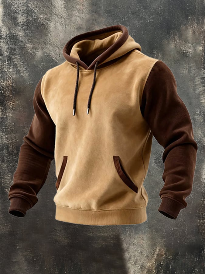 Men's Retro Stitching Contrast Color Hooded Casual Sweatshirt Suit