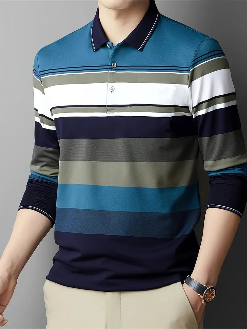 Men's Business Casual Striped Button-Down Polo
